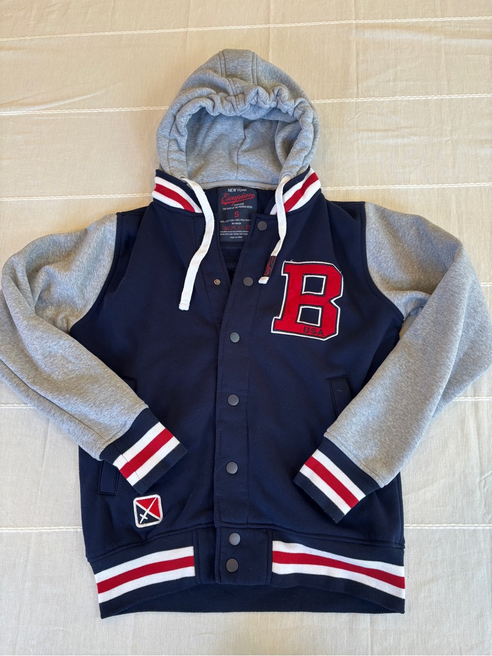 New York Escapism Varsity Letterman Jacket Hooded Bomber Coat‎ Navy Gray Small S
